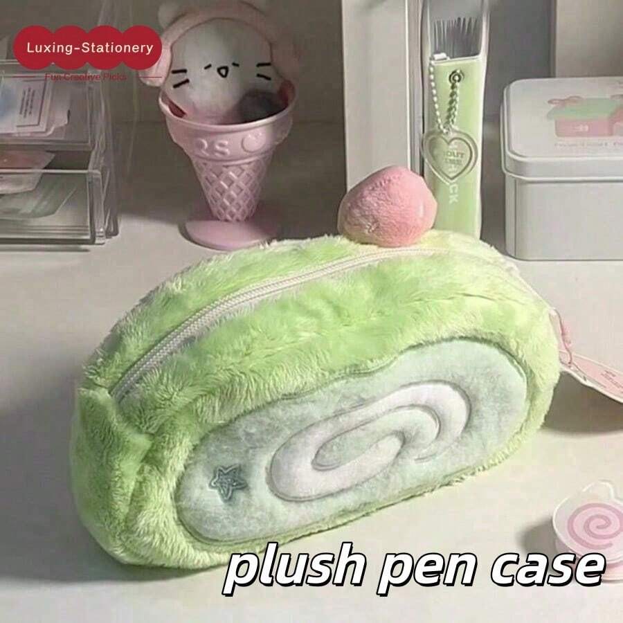1pc Cute Plush Swiss Roll Pencil Case - Japanese Matcha Strawberry Cake Pattern Cosmetic Bag, Fluffy Stationery Pouch, Girly Style