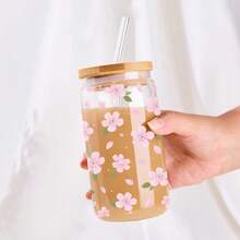 1pc/5pcs 16oz Sakura Glass Cup With Wooden Lid And Straw, Transparent Sakura Iced Coffee Cup, Spring Water Bottle For Daily Use - Multicolor - Cherry Blossom - View 9