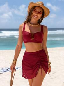 jeederkim New Summer Women Metal Decor Bikini Top, Matching Sheer Mini Skirt, Perfect For Beach Wear Vacation - Burgundy - View 5