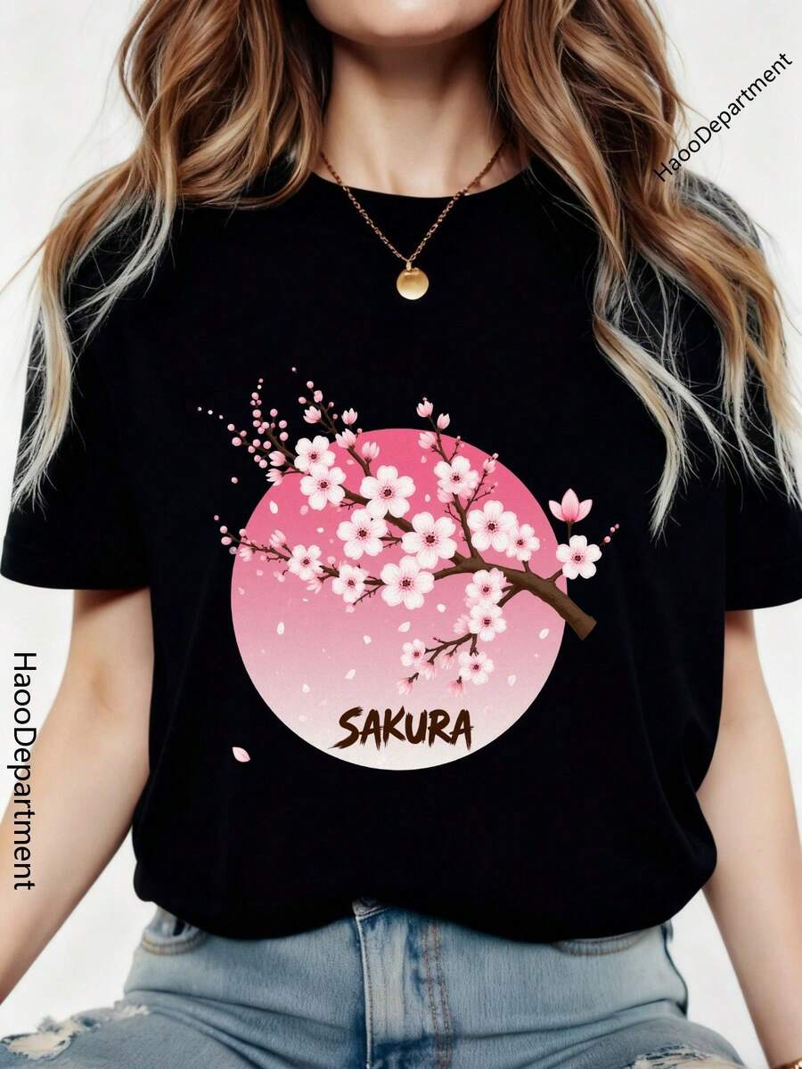 SAKURA Cherry Blossom Design 100% Crew Neck T-Shirt, Y2K Retro Street Style, Casual And Versatile, Machine Washable, Ideal Gift For International Women's Day - Black - View 1