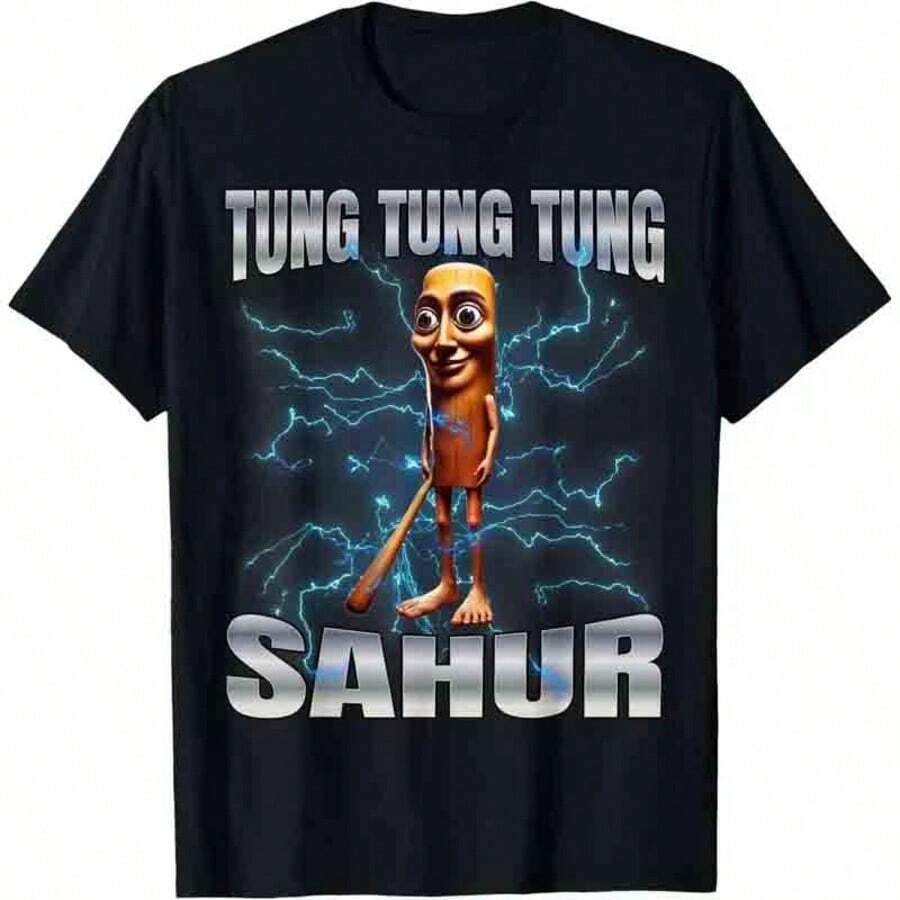 Tung Tung Tung Sahur Lightning Cartoon Character Graphic T-Shirt, Crew Neck Unisex Funny Meme Casual Short Sleeve Tee Summer Daily Street Wear - 黑色4 - 查看 1
