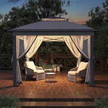 Carpa tipo cenador emergente para exteriores de alta resistencia de 11x11 pies – Toldo resistente al agua y a los rayos UV, mosquitera, fácil de montar, pantallas de malla, cuerdas, estacas, sacos de arena, bolsa de almacenamiento con ruedas – Perfecta para el patio trasero - Gris oscuro + gris claro - Ver 2