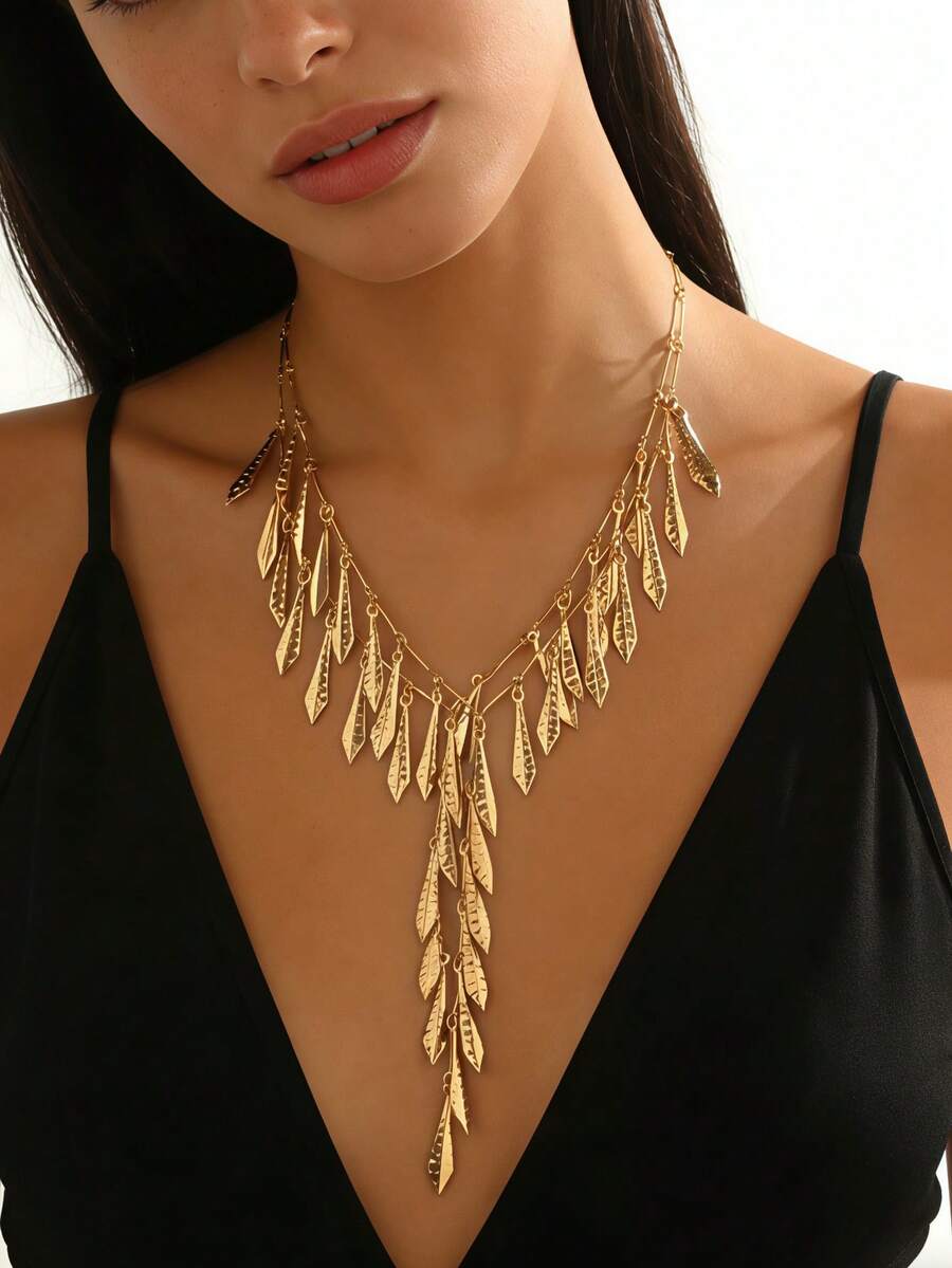1pc Summer Beach Resort Luxury Bohemian Style Gold-Plated Engraved Leaf Tassel Y-Necklace, Beach Party Holiday Elegant Jewelry For Women - Golden - View 1