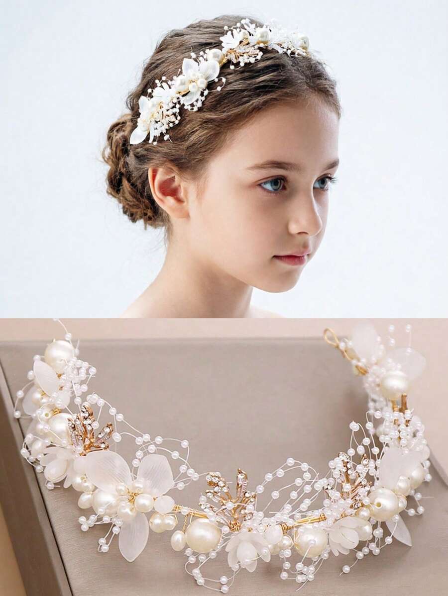 Handmade Pearl & Rhinestone Flower Crown Headpiece For Girls/Girl, Floral Wreath Hair Accessories, Suitable For Wedding, Birthday, Performance, Boho Style - Multicolor - View 1