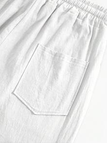 Men's Summer Casual Solid Color Linen Pants, Elastic Drawstring Waist, Large Pockets, Loose Wide Leg, Suitable For Daily Wear, Vacation, Slouchy, Versatile - White - View 10