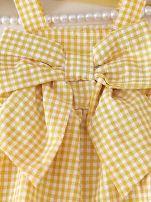 Pelele sin mangas con estampado de cuadros, decoración de lazo 3D y diseño de botones para niñas bebé, adecuado para salidas diarias en primavera y verano - Amarillo - Ver 6
