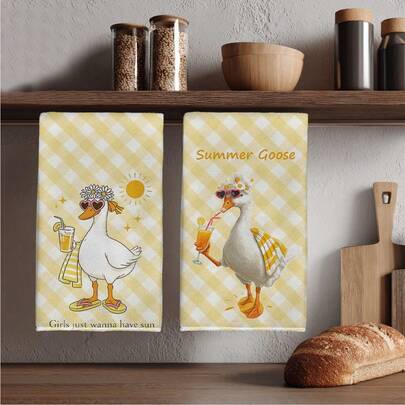 2pcs Summer Holiday Style Big Swan Illustration Kitchen Towels, Rectangular Super Soft Microfiber Kitchen Towels, Dish Cloths, Cleaning Rags, Hand Towels, Cooking Baking Tea Towels, Kitchen Decor, Housewarming Gift, Birthday Gift, Bathroom Cleaning Wipes, Decorative Towels