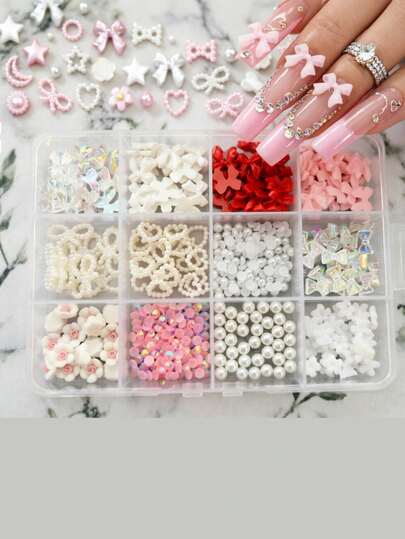 12 Compartments DIY Jewelry Accessories, Bowknot, Pearl, Cute Nail Art Decor, Phone Case, Clothing & Shoes Decorations