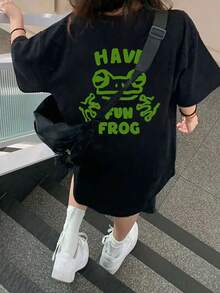 Áo thun nữ tay ngắn cổ tròn, dáng rộng, chất liệu cotton, in chữ và hoạt hình, màu đen, thích hợp cho mùa xuân/hè. - màu đen - Xem 2