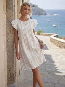 Vestido casual de mujer en color verde matcha, con cuello redondo y mangas de volantes.Tejido texturizado transpirable y cómodo, ideal para looks diarios y de verano. - Multicolor - Ver 10
