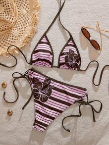Bộ bikini nữ, đồ bơi kẻ sọc retro in hình hoa dâm bụt dễ thương/Phong cách Y2K/Trang phục đi biển - Hồng - Xem 3
