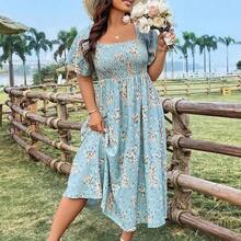 Ceyna Plus Size Women's Shirred Floral Print Dress Maxi Vacation Beach Outfit - Rosa - Ver 8