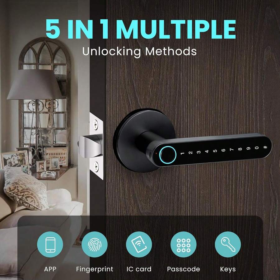 Fingerprint Door Lock Smart Door Knob Handle Biometric Door Lock With App/Key Card/Key For Keyless Entry Door Lock Keypad Touchscreen Password Easy To Install For Bedroom - Black - View 1
