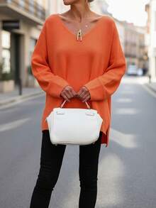 1pc V-Neck Knit Top, Front Short Back Long Hem With Slit, Suitable For Spring, Autumn, Winter - Orange 2 - View 3