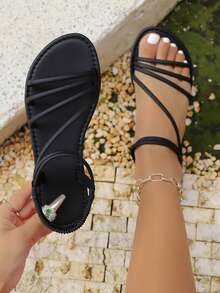 Women's Fashion Casual Comfortable Solid Color Open Toe Strap Minimalist Lightweight Summer Beach Retro Flat Sandals - Black - View 3