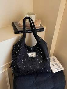 1 Piece Solid Color Rhinestone Magnetic Closure Women's Bag, Fashionable Versatile Casual Large Capacity Shoulder Tote Bag, Suitable For Daily Use - Black - View 5
