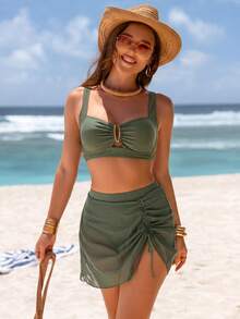 jeederkim New Summer Women Bikini Top With Metal Decor, Matching Sheer Mini Skirt, Suitable For Beach Wear Vacation - Army Green - View 5
