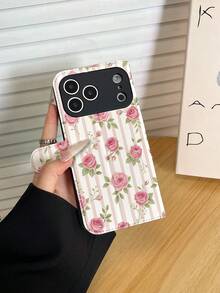 1pc Fashion Pink & White Striped Rose Pattern Full Coverage Classic Anti-Drop High-Quality PU Leather Flip Phone Case With Folding Stand For Watching TV/Videos, Card Slots, Detachable Lanyard, Suitable As Birthday/Holiday Gift For Friends, Family, Couples, Fits 17/17 Air/17 Pro/17 Pro Max/16/16 Plus/16 Pro/16 Pro Max/15/15 Plus/15 Pro/13/14/12/11 - Multicolor - View 5