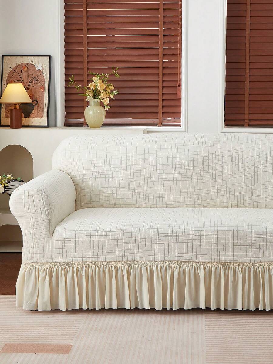 1pc Plush Checkered Jacquard Skirt Edge Stretch Sofa Cover, Dust-Proof And Dirt-Resistant, Elastic Full Coverage Sofa Protector, Home Decor, Machine Washable, Pillow Cover Not Included - White - View 1