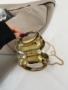 时尚金属色圆形晚宴包，多功能手提包、单肩包、斜挎包、手拿包，女士适用 - 金色 - 查看 10