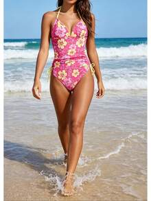 Women's Pink Yellow Hibiscus Print One Piece Swimsuit Halter Drawstring Side Cutout Bathing Suit - Mixed Colors - View 8