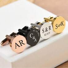 1 Pair Stainless Steel Round Cufflinks, Groomsmen Gift, Personalized Cufflinks For Bride, Groom, Parents, Available In Silver, Gold And Black, Customizable, Suitable For Mother's Day And Other Occasions. Engraved Cufflinks, Stainless Steel, Wedding Gift, Customized Product. - Multicolor - View 6