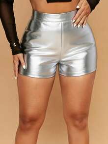Women's Fashionable High Waist Pleated Faux Leather Shorts, High Elasticity Club Wear Shorts For Summer - Silver - View 3