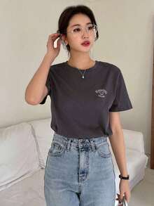 Camiseta De Manga Corta Con Letras Impresas - Gris Oscuro - Ver 5