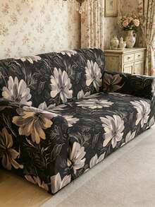 1pc Dark Coffee Floral Pattern Stretch Full Cover Sofa Slipcover, Modern Style Polyester Fabric, Machine Washable, Suitable For All Seasons - Black - View 12