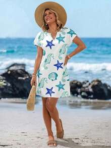Vestido corto casual para mujer, color blanco con estampado marino de estrellas de mar, caballitos de mar y conchas, cuello en V y mangas cortas, diseño fresco y holgado, ideal para primavera-verano, playa, vacaciones y salidas informales - Multicolor 21 - Ver 11