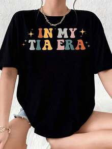 Camiseta de manga corta "In My Tia Era" con gráficos coloridos para mujer, camiseta blanca de talla grande con diseño tipográfico divertido, top casual de verano, camiseta llamativa para uso diario y regalos, 100% algodón. - Negro - Ver 11