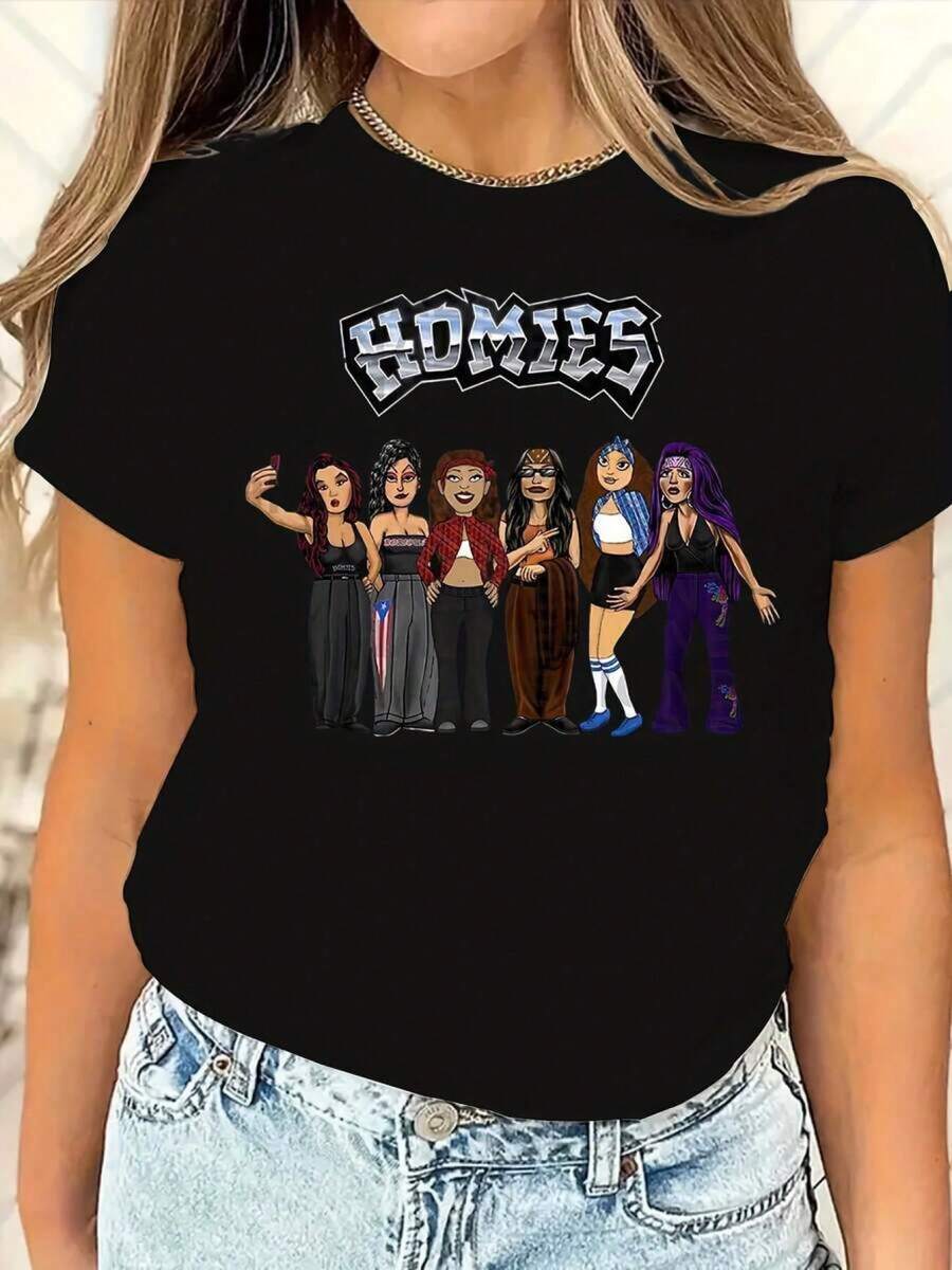 Women' Homies Selfie Squad T-Shirt - Fun Matching Group Tee With Selfie Design, Round Neck Casual Athletic Wear, Spring Summer Fall Gift Suitable For Besties, Gym, Parties & Everyday Outfits - Black - View 1