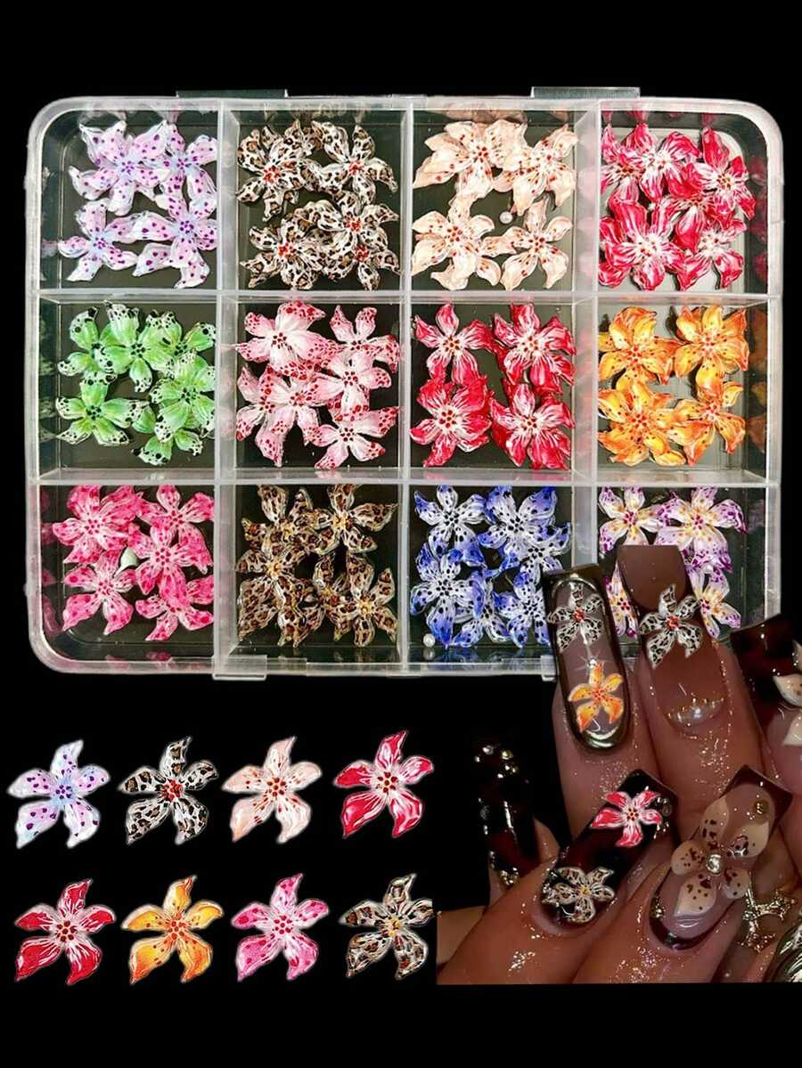 12 Grids 3D Flower Nail Charms Kit, Watercolor Style Resin Floral Nail Decorations, Multi-Color Flower Flatback Charms With Tweezers For DIY Manicure, Crafts, Phone Case - Multicolor - View 1