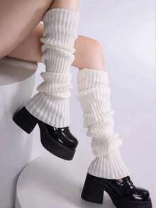 1 Pair Of Women's Solid Color Striped Warm And Cute Leg Warmers, Suitable For Spring, Autumn And Winter Wear. Keep Your Legs Warm. - 白色 - 查看 7