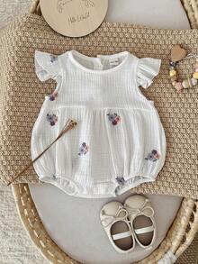 Bộ áo liền quần bằng cotton trắng thêu hoa tay bồng cho bé gái sơ sinh, thích hợp cho mùa hè. - trắng - Xem 2