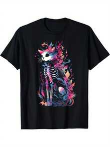 Camiseta de Terror con Diseño de Hueso de Gato - Camiseta Gráfica Gótica Bizarra para Hombres - Perfecta para Fiestas de Halloween - Negro - Ver 1