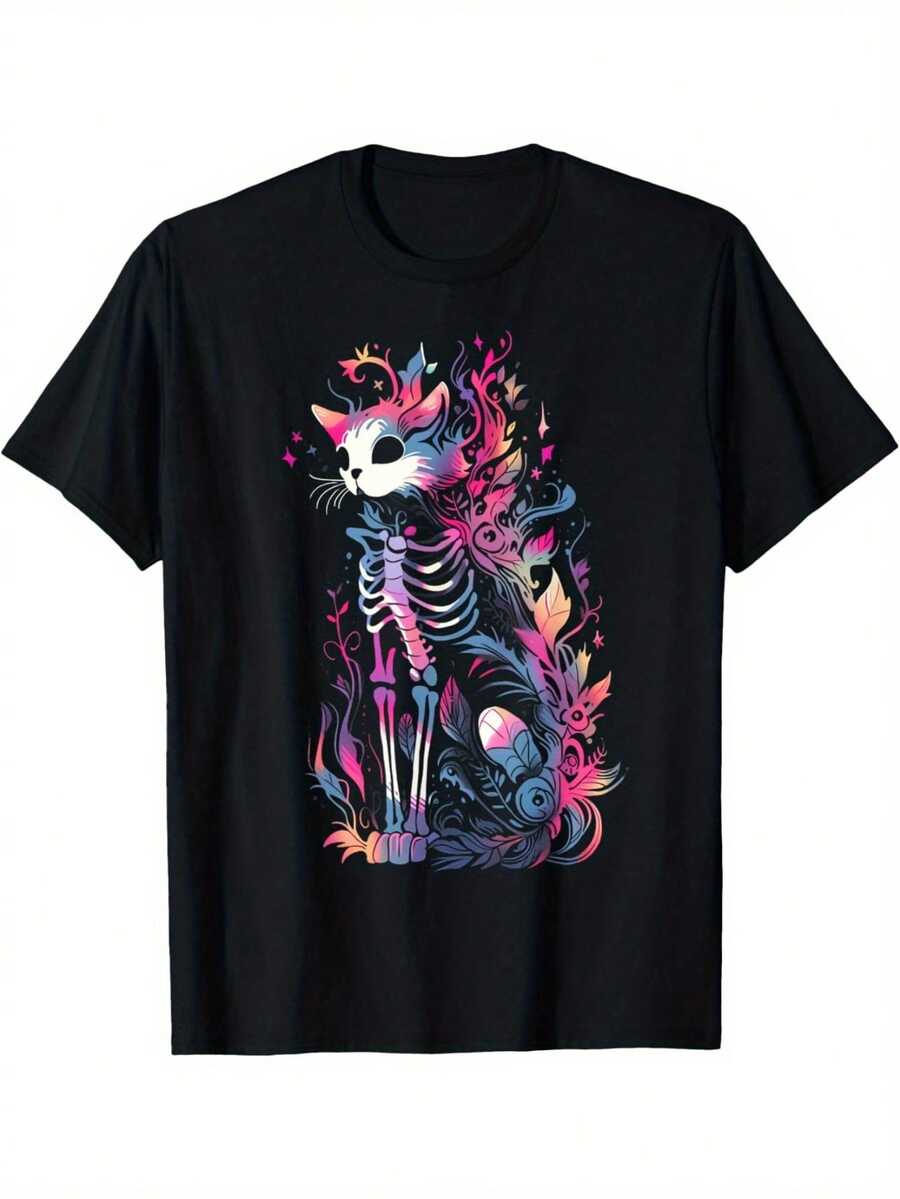 Camiseta de Terror con Diseño de Hueso de Gato - Camiseta Gráfica Gótica Bizarra para Hombres - Perfecta para Fiestas de Halloween - Negro - Ver 1