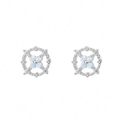 1 Pair Fashionable S925 Sterling Silver Cross & Circle Opal Four-Leaf Clover Stud Earrings, Suitable For Women's Daily Wear, Mother's Day Gift