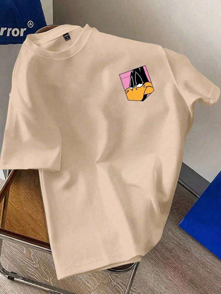 X Manfinity Men's Minimalist Print Short Sleeve Crew Neck Knit T-Shirt - Vintage Street Style Unisex Cotton Short Sleeve Crew Neck T-Shirt - 杏色 - 查看 1