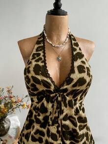 Rusttydustty Camiseta sin espalda de cuello en V para mujer, top casual de estampado de leopardo para vacaciones, estilo bohemio, adecuado para festivales de música en verano - Marrón - Ver 5