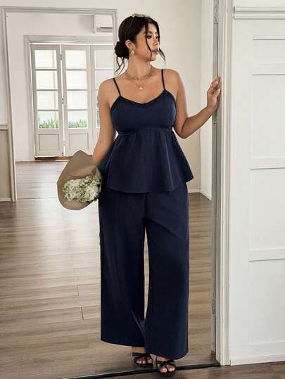 Conjunto de camiseta de tirantes y pantalones de unicolor de moda casual para mujer talla grande, ropa de verano para mujer, ropa de playa, ropa de salida, conjunto de vacaciones para mujer, traje casual para mujer