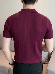 ALTZTAR 男士短袖条纹针织 Polo 衫，简约时尚，适合日常通勤、春秋季穿着。 - 中紫紅色 - 查看 2