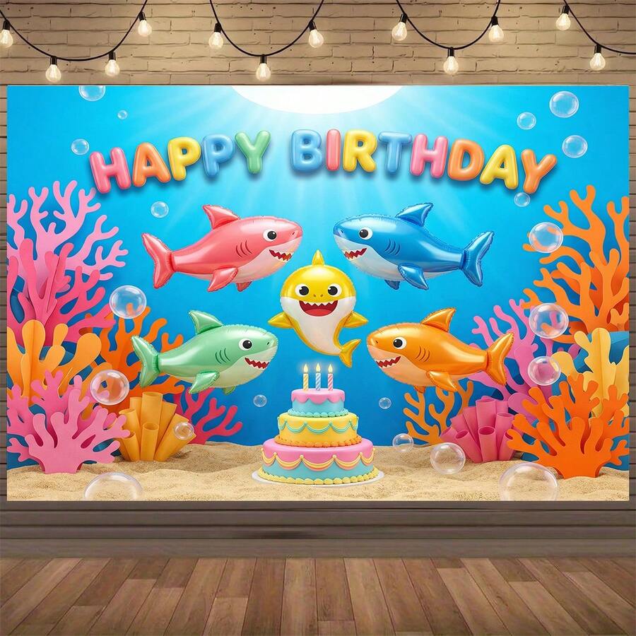 Party Banner 1pc, Shark-Themed Birthday Party Background Photo Props, Polyester Banner Decor, Home Decor, Room Decor, Wall Decor, Party Background Decor, Party Decor/Supplies/Gifts Decorative Background - Nhiều màu - Xem 1