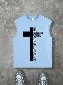 Boys' "I Can Do All Things Through Christ" Cross Graphic Sleeveless Tank Top, Casual Comfortable Fabric, Suitable For Summer School & Daily Wear - Baby Blue - View 2