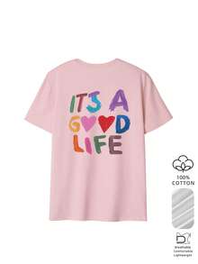女款 T-shirt，背面印有「IT'S A GOOD LIFE」彩色刷筆筆觸與愛心圖案，復古 90 年代街頭風休閒夏季粉色 - 粉色 - 查看 3
