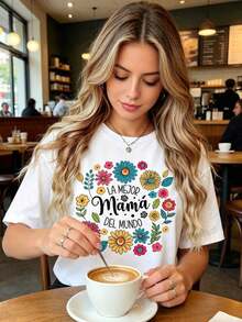 Camiseta con Diseño Floral para Mujer, la Mejor Mamá del Mundo, Regalo para el Día de la Madre, Transpirable y Cómoda - Blanco - Ver 4