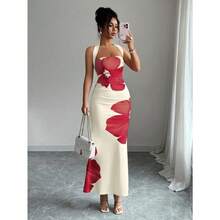 Vestido largo sensual con cuello halter, patrones estampados y corte ajustado - Dorado - Ver 7