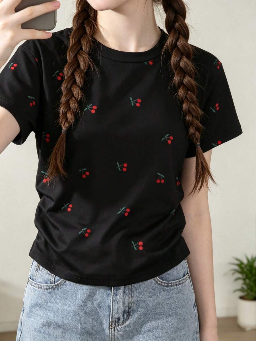 1pc Girls' Loose Casual Outdoor T-Shirt, Korean Style Sweet & Spicy, Cherry Decor, Ruched Waist, Round Neck, Summer - Black - View 1