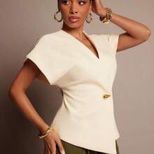 Solid Textured Woven Asymmetrical Hem Single Button Waistcoat Top - Verde - Ver 3