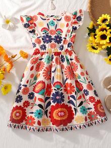 Girls' Vintage Floral Print Dress, Cute Cap Sleeve Round Neck A-Line Midi Dress, Waist Cinched, Suitable For Beach Holiday, Toddler & Little Kid - Multicolor - View 2
